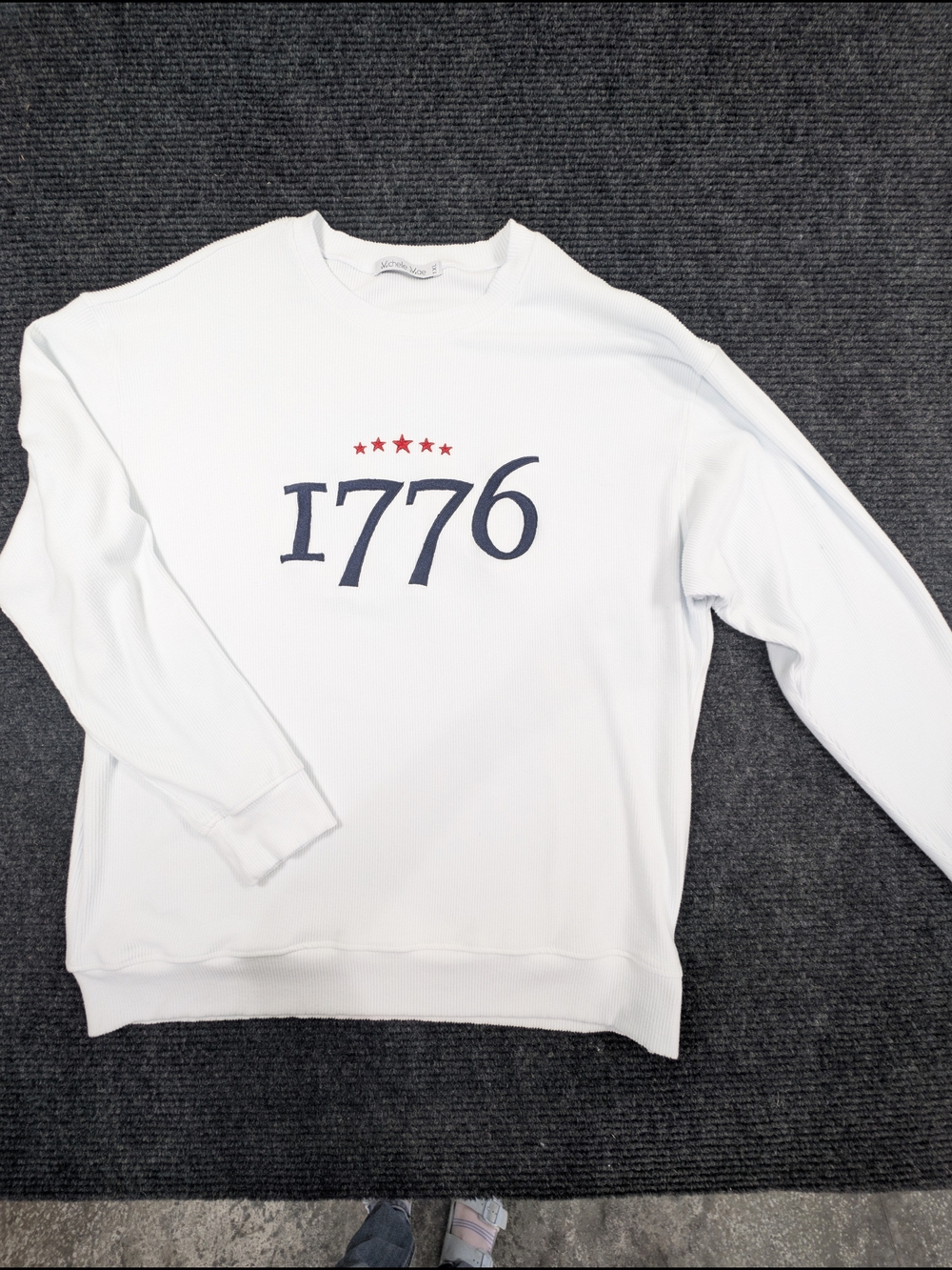 Michelle Mae White Crewneck Sweatshirt with Navy 1776 and Red Stars